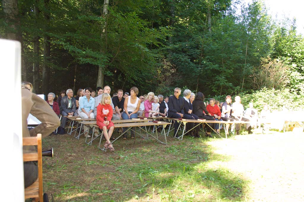 Bänke mit Personen im Wald.