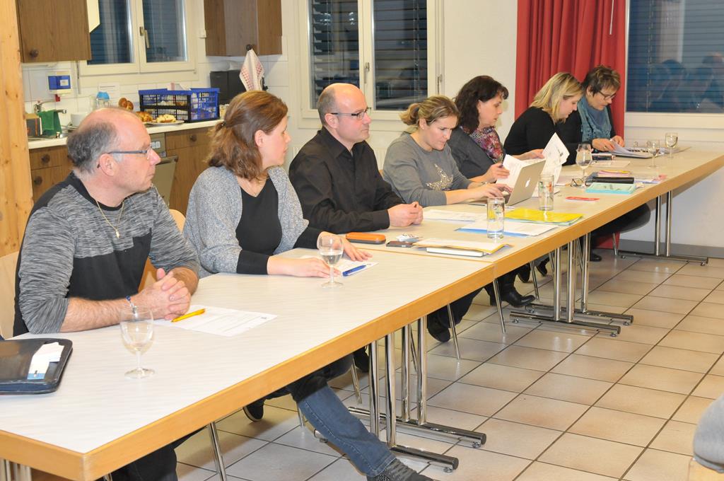 Der Vorstand sitzt im Probelokal an drei Tischen. (Front Richtung Mitglieder)